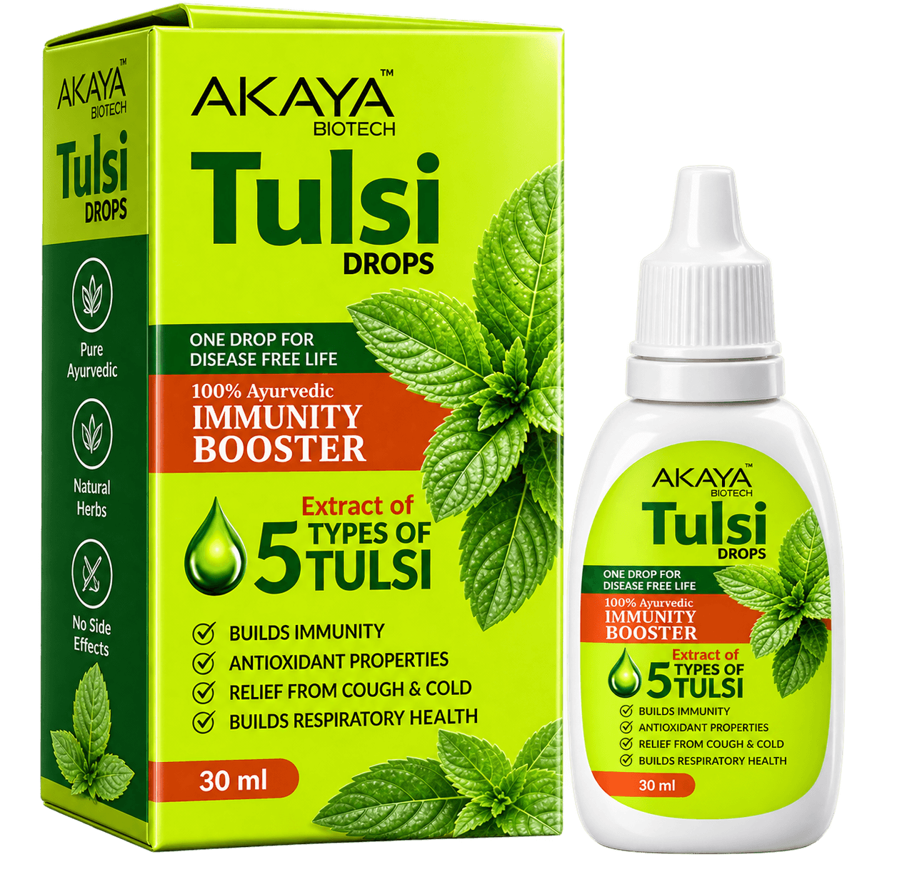 Akaya Biotech Tulsi Drops — bottle and carton